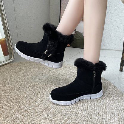 Women’s Thickened Winter Snow Boots | High-Sense Plush Ankle Boots with Buckle Design | Trendy Minimalist Plus Velvet Flat Shoes | Luxury-Label Statuesque Warm Winter Footwear | 2026 High-Fashion Radiant Outdoor Boots