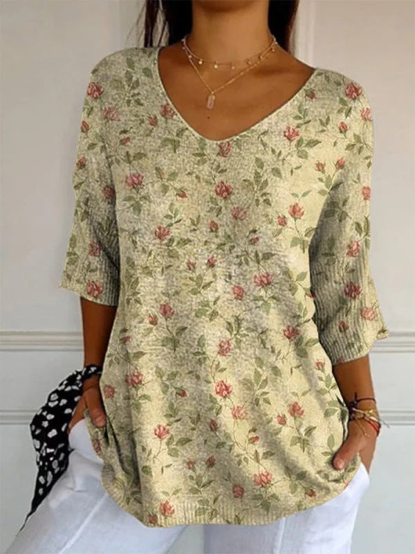 Women’s Elegant Retro Floral Print V-Neck Top | High-Sense Casual Long Sleeve Blouse | Trendy Minimalist Vintage-Style Top | Luxury-Label Statuesque Spring Wear | 2026 High-Fashion Radiant Urban Essential