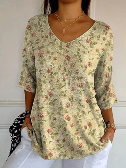 Women’s Elegant Retro Floral Print V-Neck Top | High-Sense Casual Long Sleeve Blouse | Trendy Minimalist Vintage-Style Top | Luxury-Label Statuesque Spring Wear | 2026 High-Fashion Radiant Urban Essential