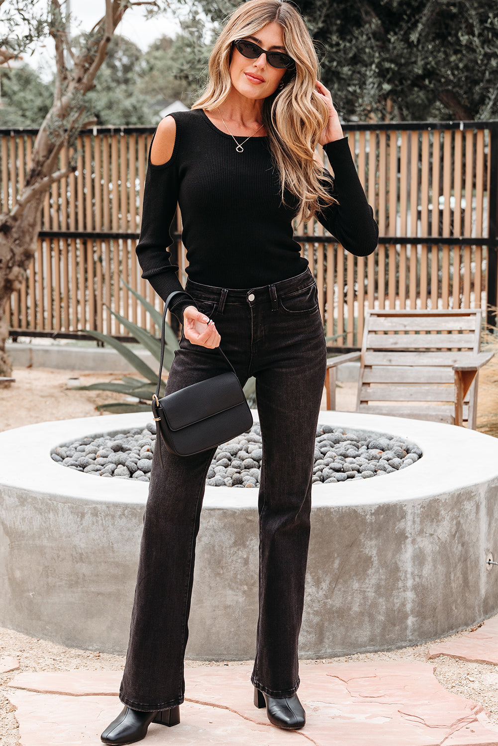 Threaded Pear Amaya Ribbed Knit Cold Shoulder Sweater