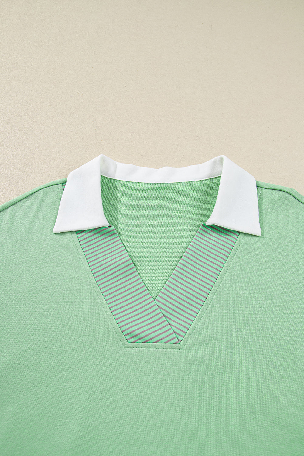 Threaded Pear Moonlight Jade Color Block Striped Patchwork Collar V Neck Plus Size Sweatshirt
