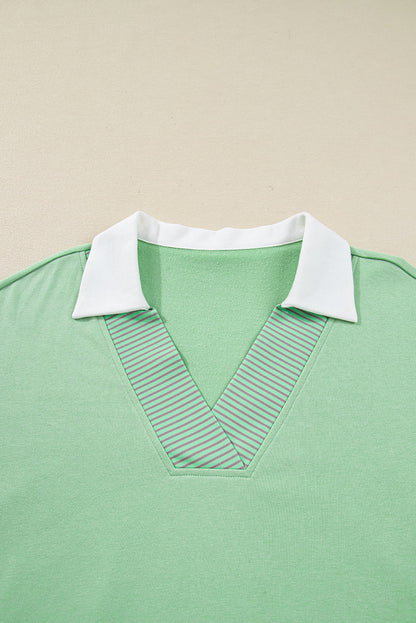Threaded Pear Moonlight Jade Color Block Striped Patchwork Collar V Neck Plus Size Sweatshirt