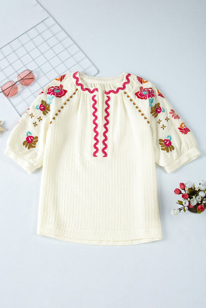 Threaded Pear August Floral Embroidered Puff Sleeve Blouse