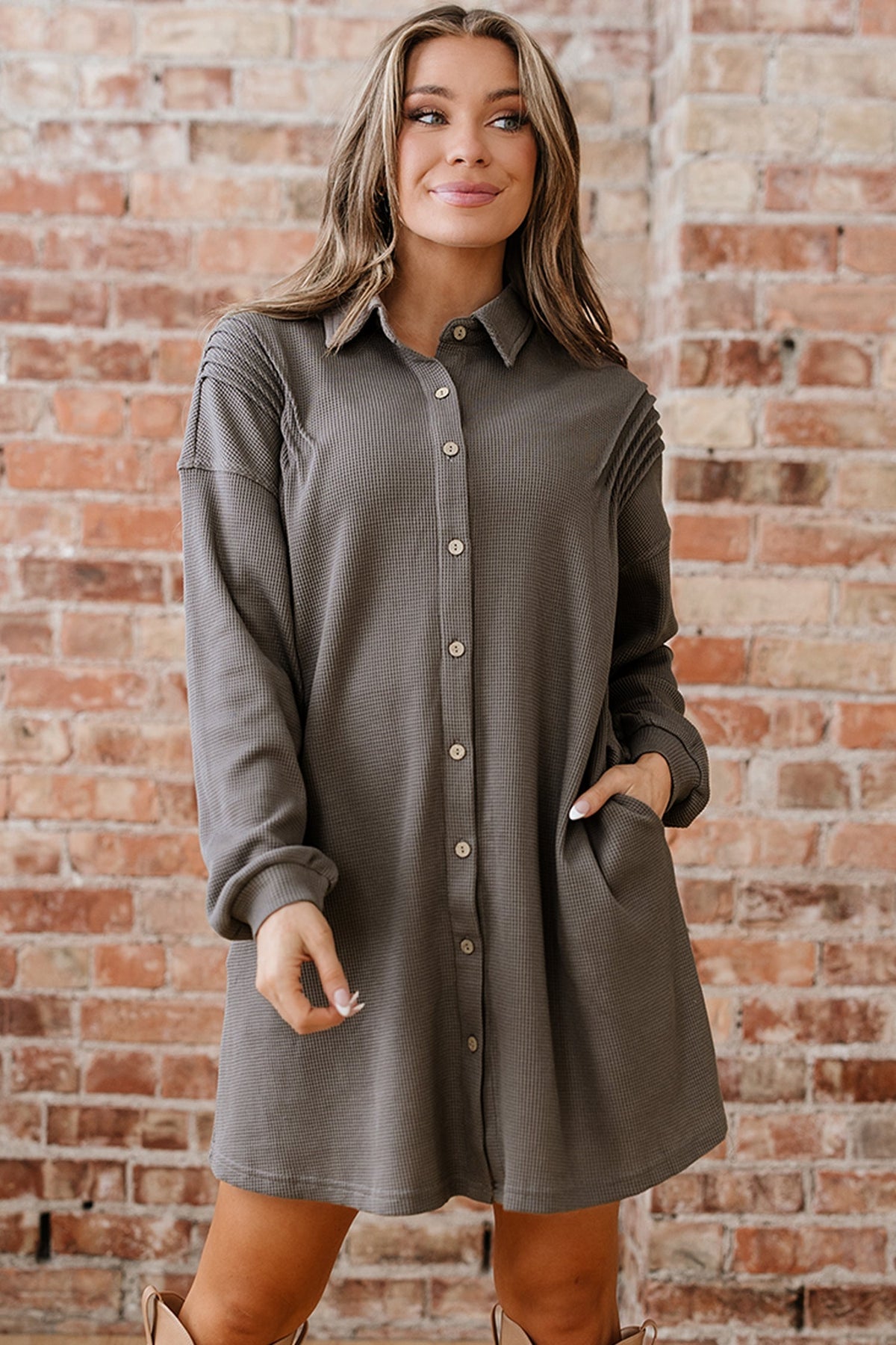 Threaded Pear Viviana Taupe Waffle Knit Shirt