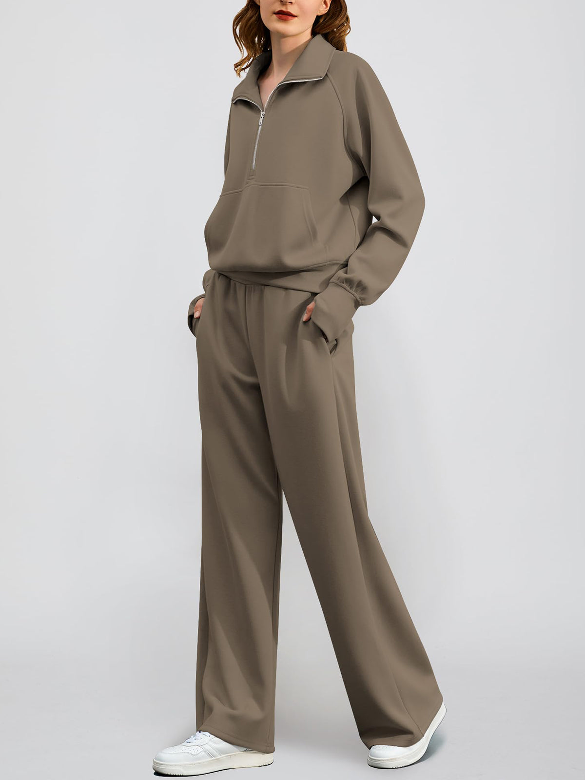Women's Oversized Half Zip Wide Leg 2 Piece Outfits Lounge Set