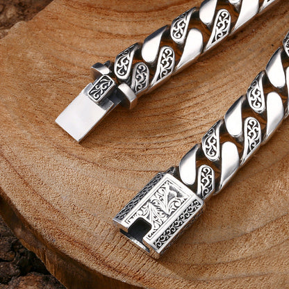 Men's 925 Sterling Silver Cuban Link Bracelet | Vintage Tangcao Pattern Engraved Thick Bracelet | Premium Heavyweight Biker Style Jewelry for Men