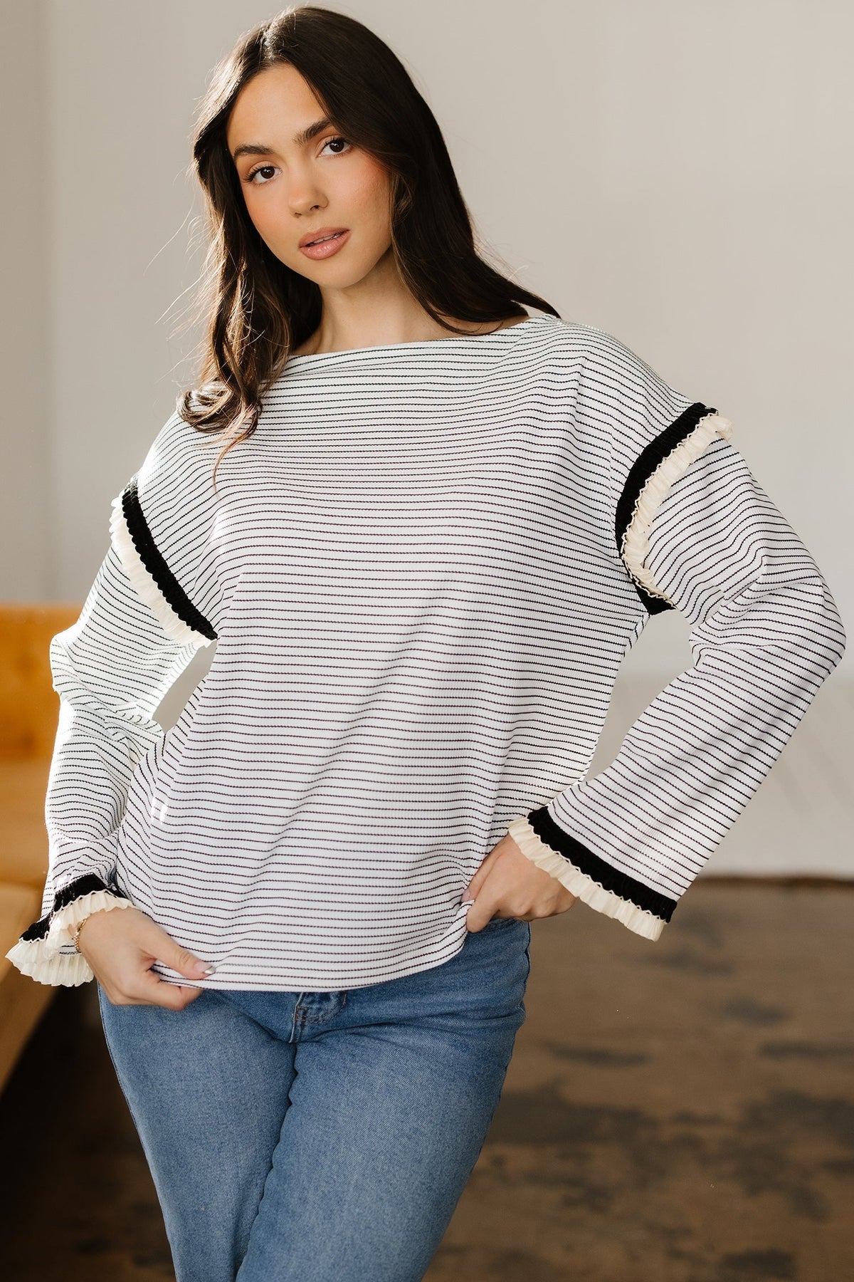 Threaded Pear Anya Ruffle Trim Loose Long Sleeve Top