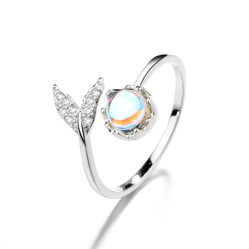 Elegant Fishtail Aurora Moonstone Ring | S925 Sterling Silver Mermaid Tail Ring | Minimalist Iridescent Moonstone Index Finger Ring | Aesthetic Mythical Sea-Inspired Jewelry