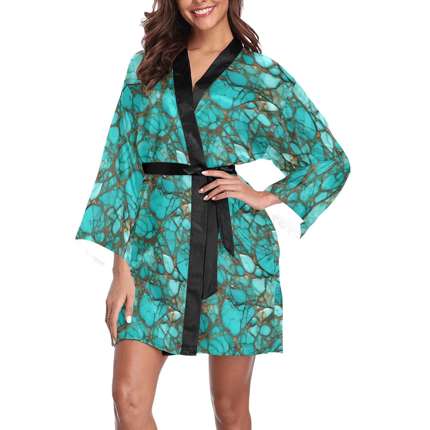 Baha Ranch All Turquoise Satin Kimono Sleeve Robe