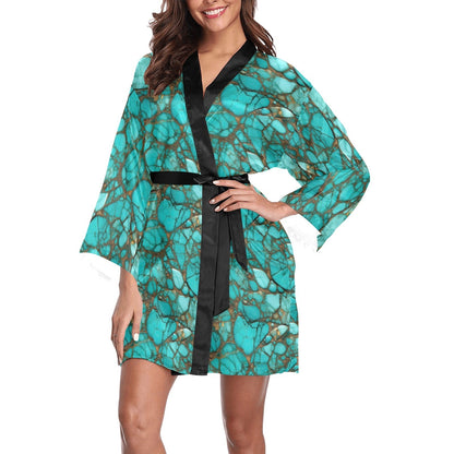 Baha Ranch All Turquoise Satin Kimono Sleeve Robe