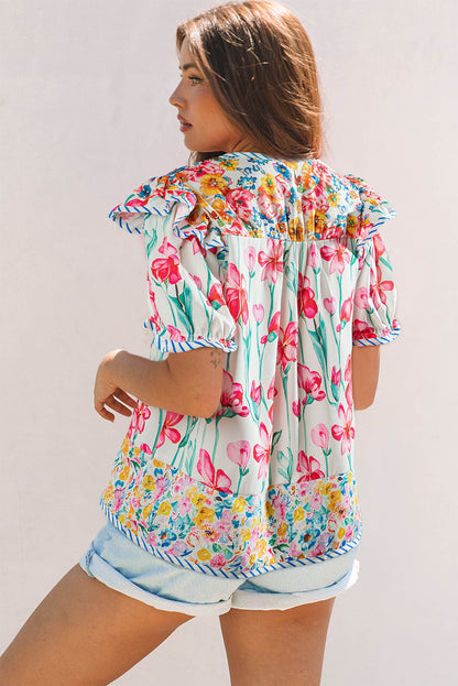 Threaded Pear Greta Floral Split Neck Short Sleeve Blouse