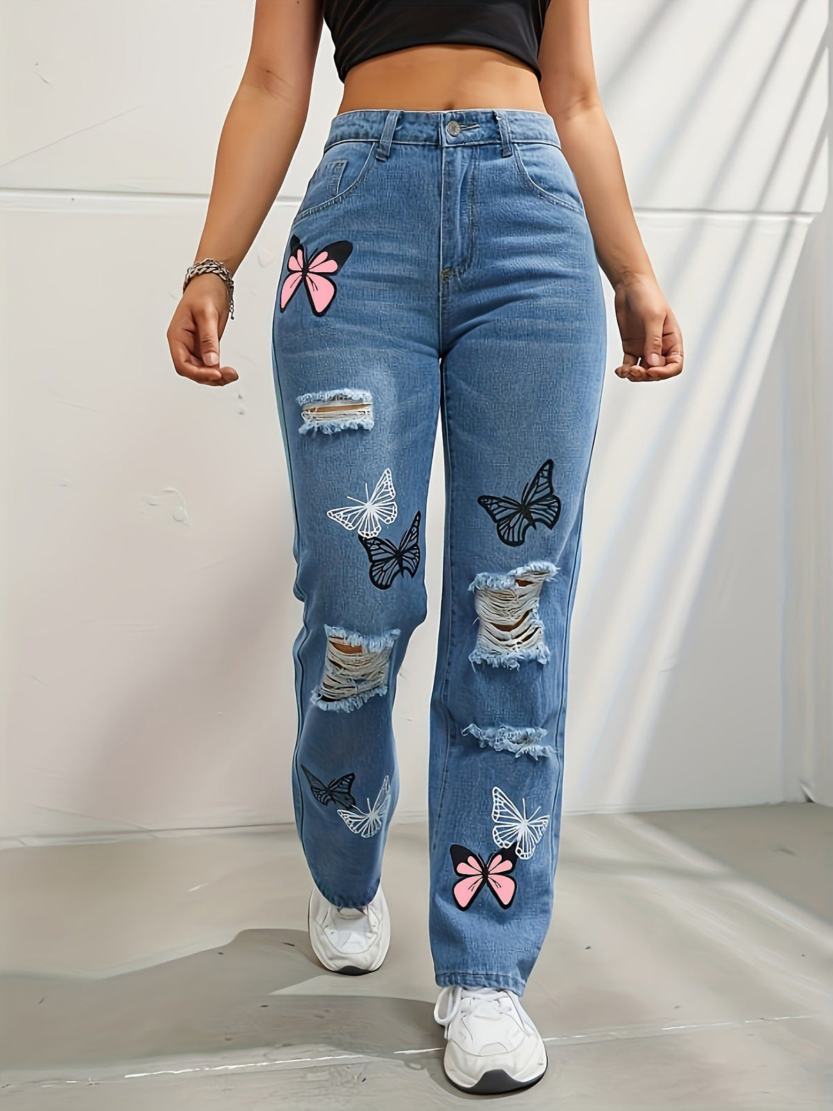 Women’s High-Waisted Butterfly Print Straight Leg Jeans | High-Sense Ripped Distressed Denim | Trendy Minimalist Butterfly Motif Pants | Luxury-Label Statuesque Radiant Urban Wear | 2026 High-Fashion Botanical-Luxe Essential