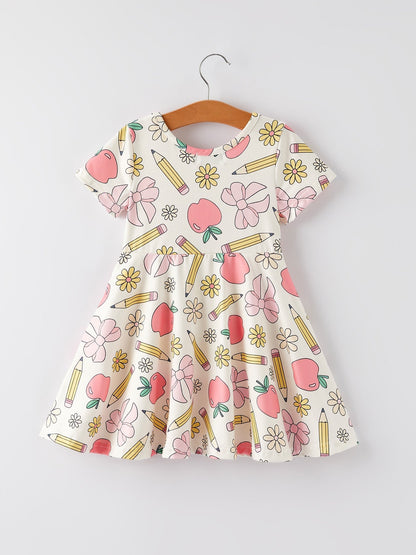 Back to School Apple, Pencil, and Floral Print Girls Dress