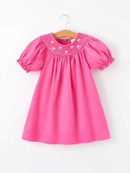 Girls Bow Smocking Embroidery Hot Pink Dress