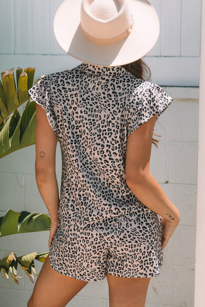 Threaded Pear Leopard Half Zipper Collared Ruffled Sleeve Top and Short Set