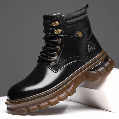 Men’s British Style Platform Boots | Fleece-Lined Warm Winter Combat Boots | High-Sense Genuine Leather Casual Boots | Durable Non-Slip Thermal Ankle Boots for Men