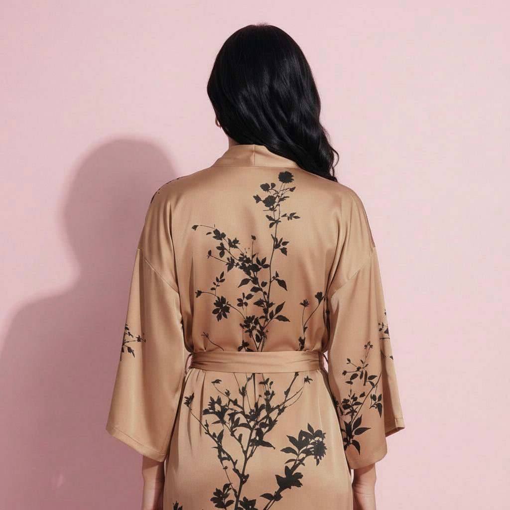 Anna-Kaci Women's Long Satin Kimono Robe with Tie Waist and Artistic Floral Print
