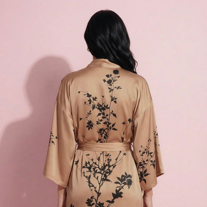 Anna-Kaci Women's Long Satin Kimono Robe with Tie Waist and Artistic Floral Print