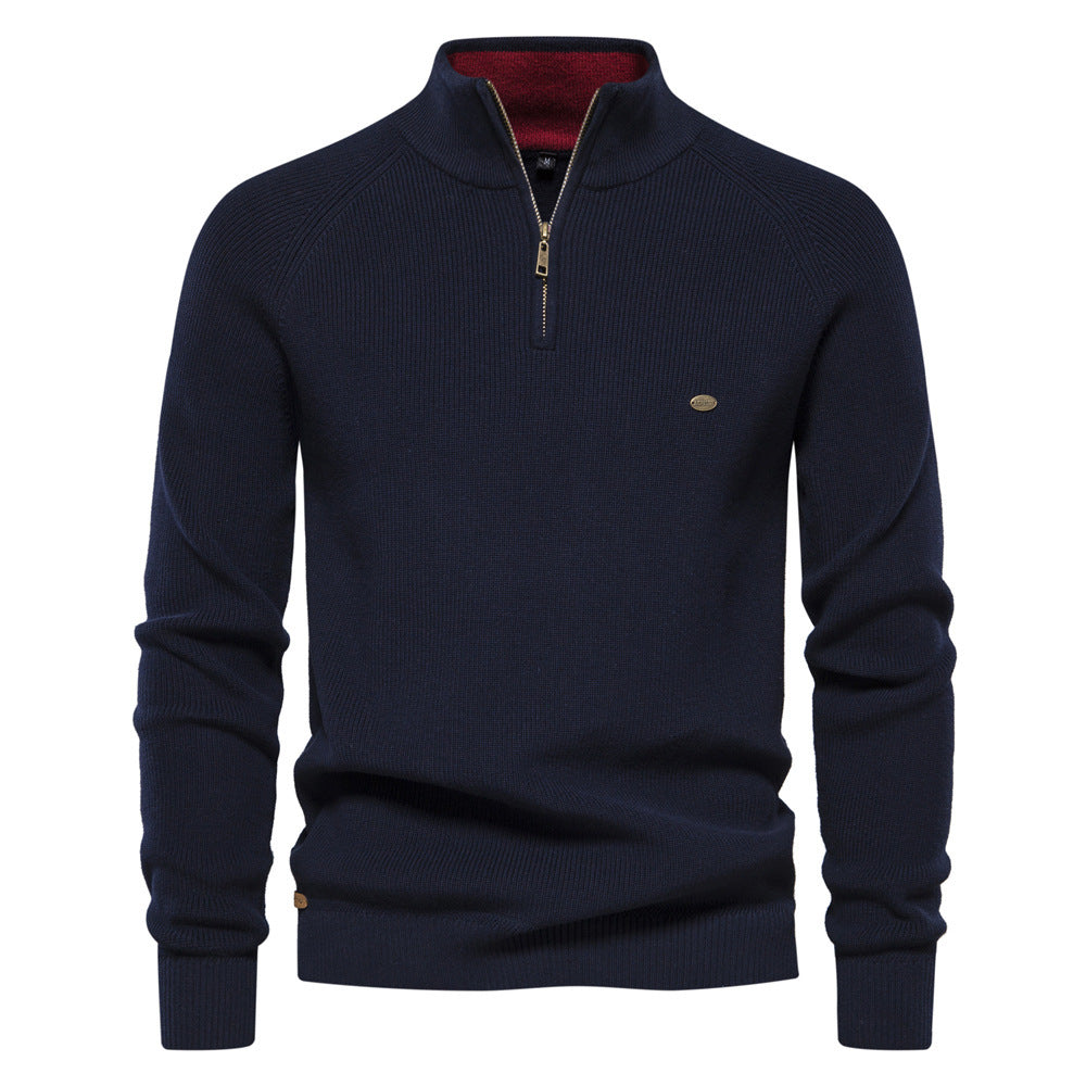 Men's Zipper Stand Collar Knitted Sweater Fashion Slim Solid Color Long Sleeve Half Turtleneck Top Men's Clothing