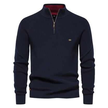 Men's Zipper Stand Collar Knitted Sweater Fashion Slim Solid Color Long Sleeve Half Turtleneck Top Men's Clothing