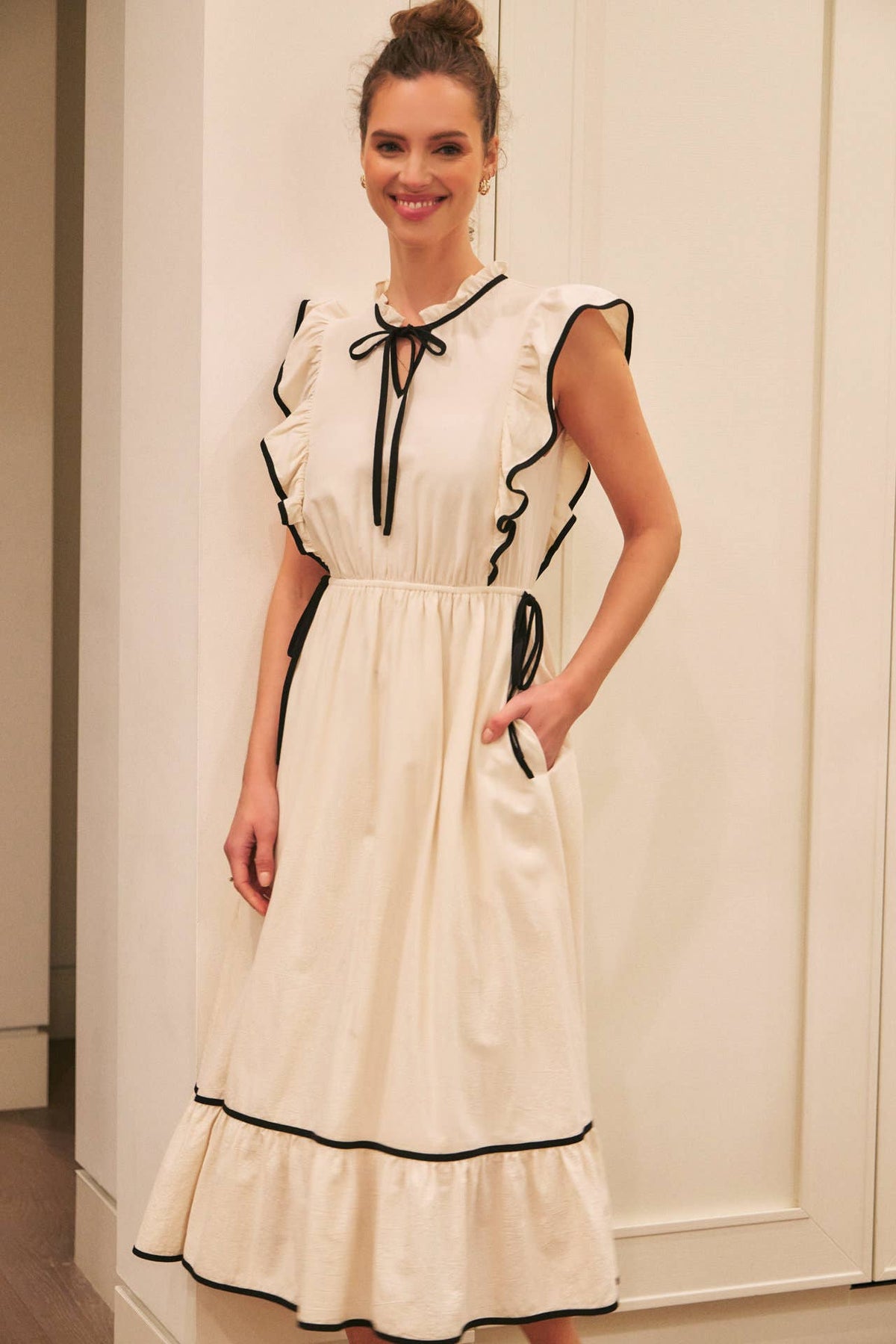 Annie- Cotton Gauze Midi Dress With Ruffles and Contrast Binding