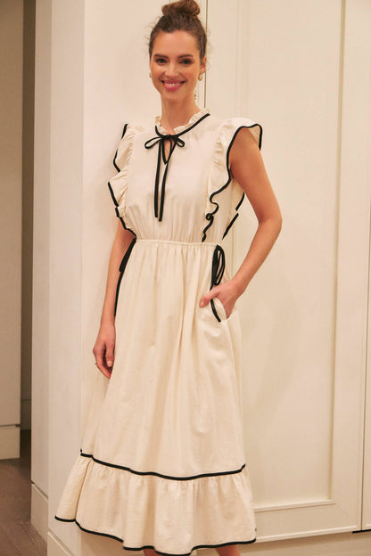 Annie- Cotton Gauze Midi Dress With Ruffles and Contrast Binding