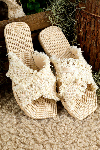 Threaded Pear Vada Tassel Woven Crossed Straps Flat Sandals