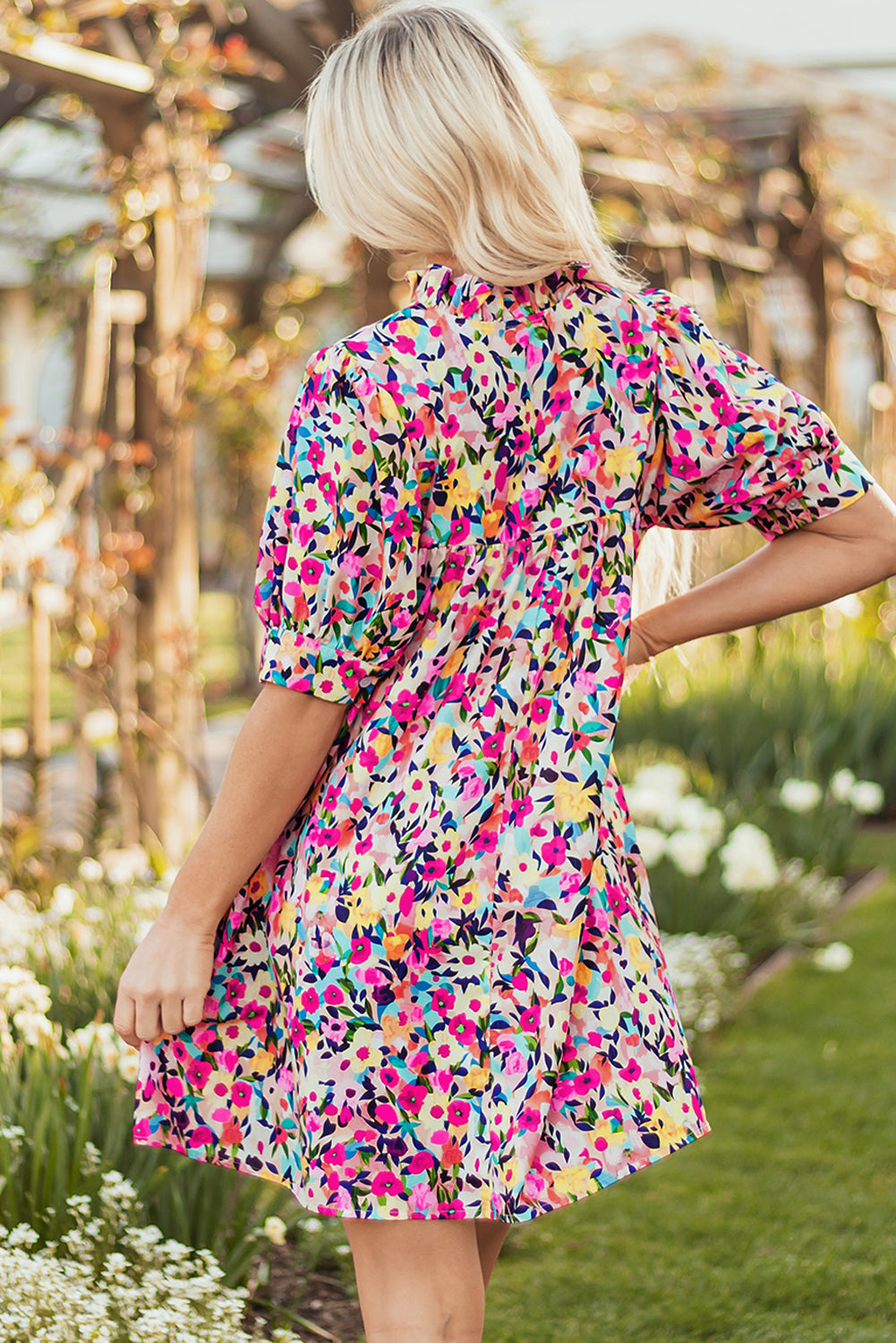 Threaded Pear Hadlee Floral Puff Short Sleeve V Neck Mini Dress