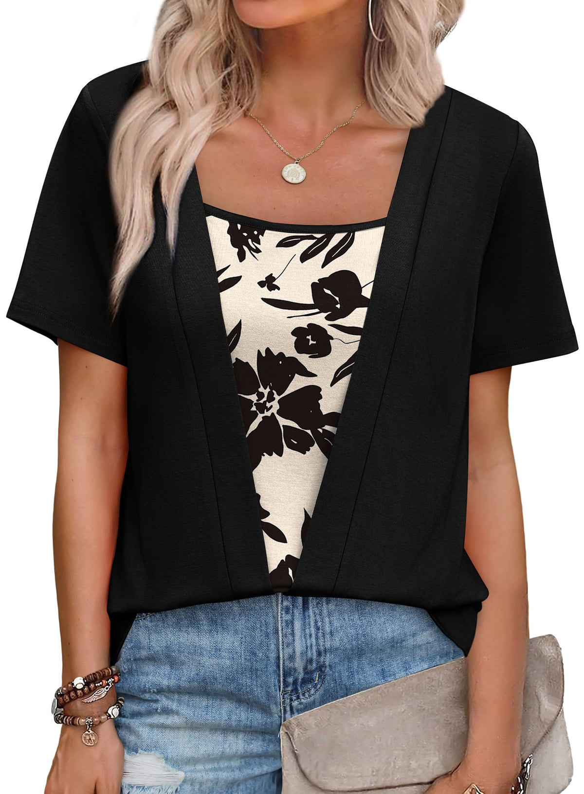 Womens Trendy 2 in 1 Blouses Short Sleeve Shirts Casual Beach Vacation Clothes