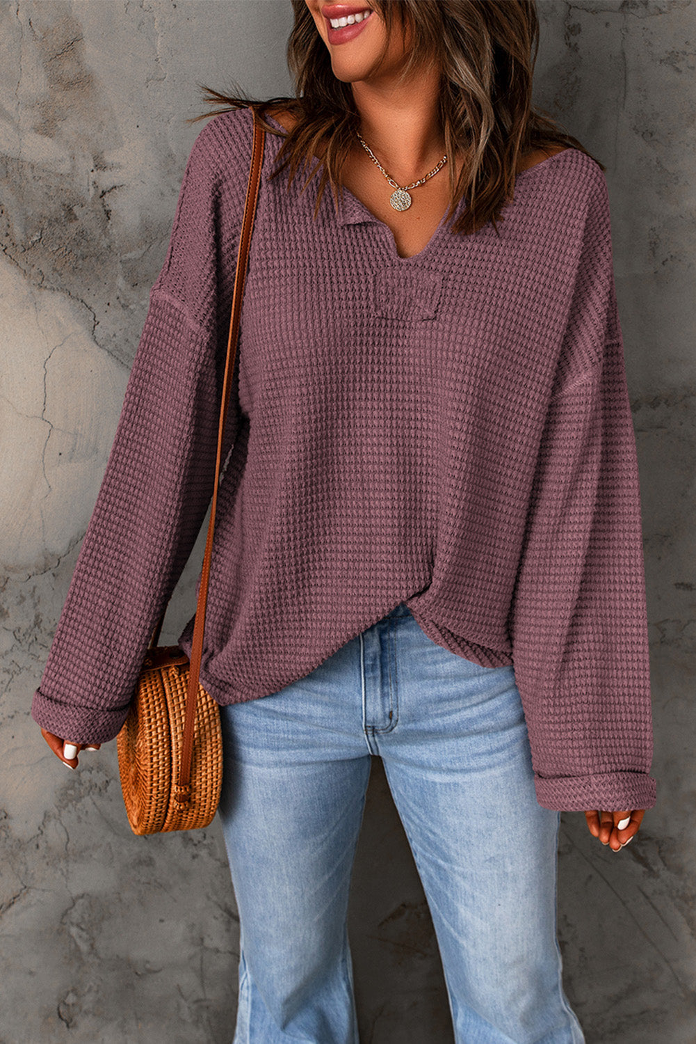 Threaded Pear Evelyn Waffle Knit Loose Long Sleeve Top