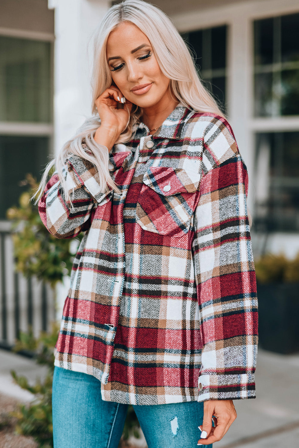 Threaded Pear Keily Plaid Pocketed Shacket