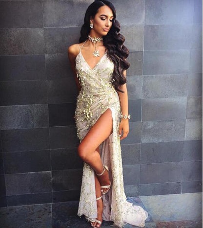 V-Neck Halter Strap Sequin Dress | Elegant Shimmering Backless Evening Gown | Luxury Sparkly Party Dress for Women | Trendy Bodycon Sequin Cocktail Dress | 2026 High-Fashion Glamour Nightwear