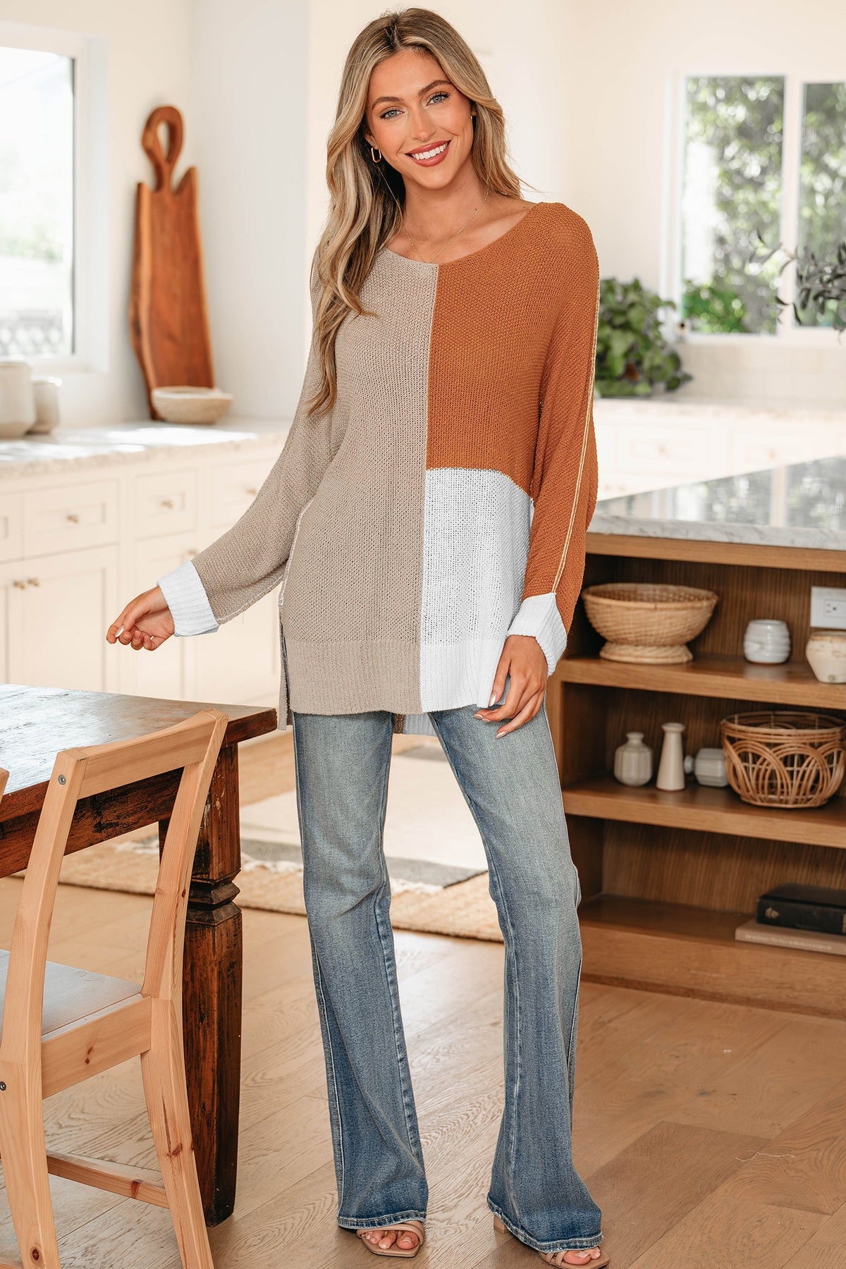 Threaded Pear Zendaya Block Knit Loose Sweater
