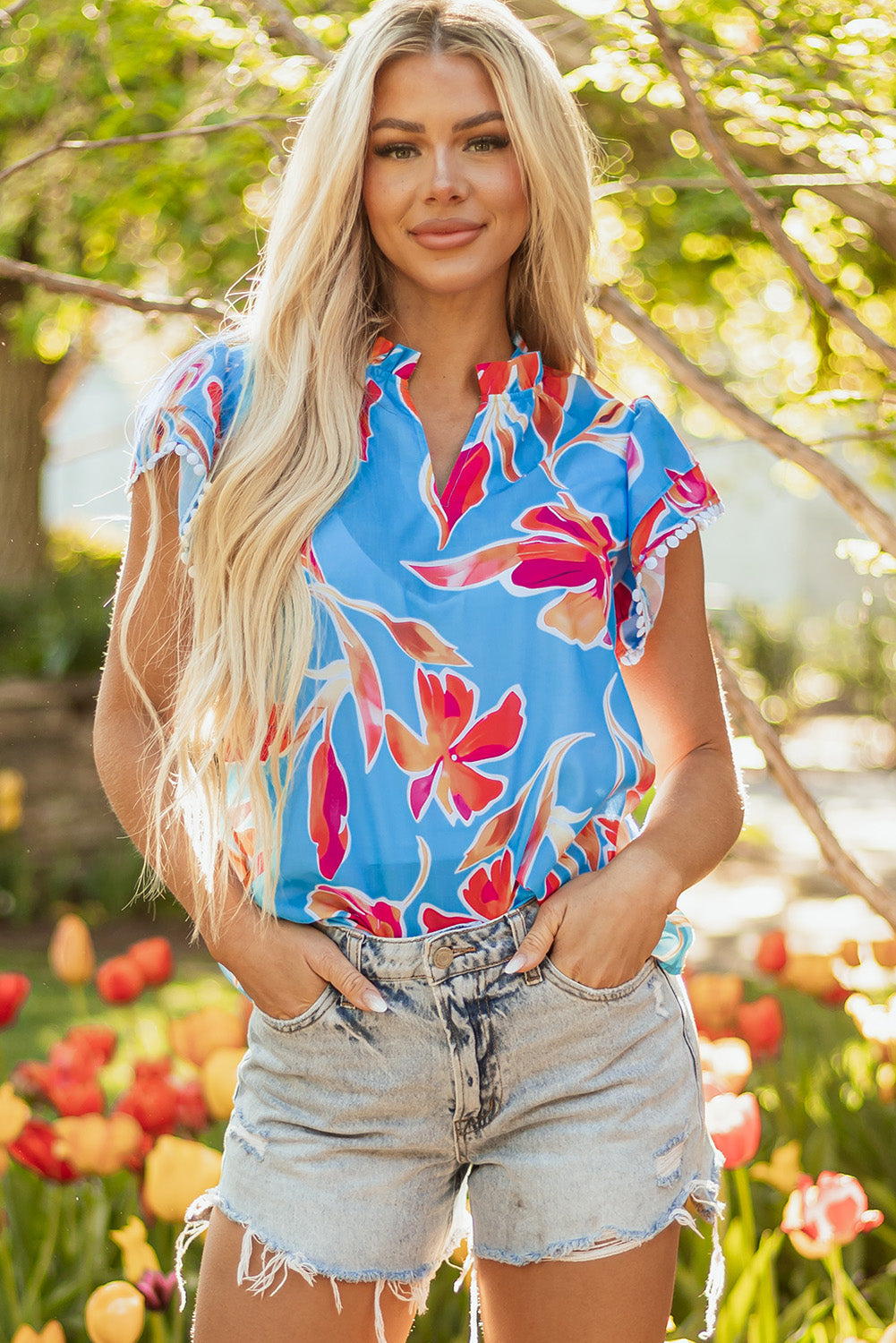 Threaded Pear Vada Floral Pompom Trim Flutter Sleeve Blouse
