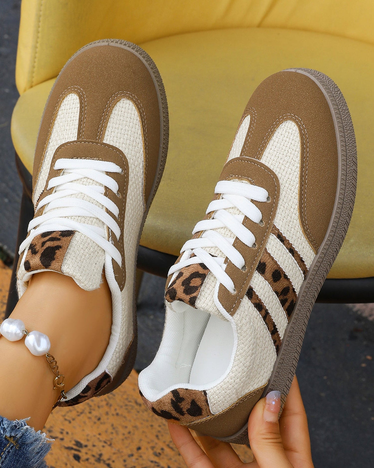 Coffee Color Block Leopard Patchwork Lace-up Sneaker