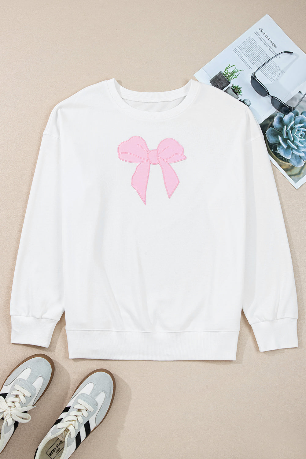 Threaded Pear Beige Big Bow Accent Plus Size Drop Shoulder Sweatshirt