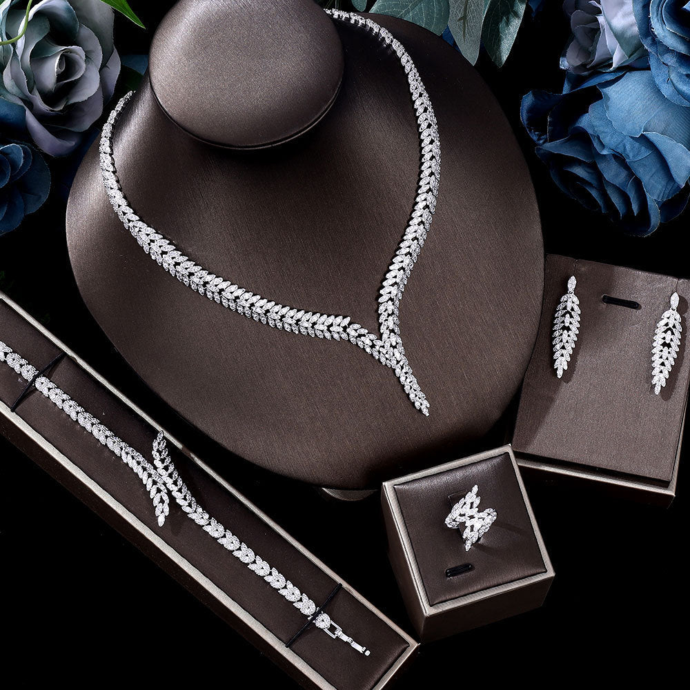 4-Piece 3A Zircon Bridal Jewelry Set | Micro-Set Full Crystal Necklace, Earrings, Bracelet & Ring | Luxurious Wedding & Banquet Jewelry for Women