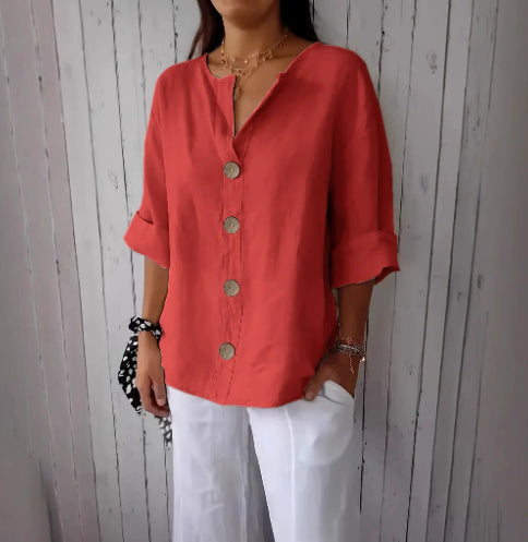 Women’s V-Neck Pullover Shirt | Casual Long-Sleeved Fashion Top | Elegant Loose-Fit Daily Blouse | Trendy Minimalist V-Neck Pullover for Ladies | 2026 High-Fashion Lightweight Autumn/Spring Top