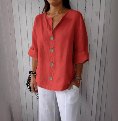 Women’s V-Neck Pullover Shirt | Casual Long-Sleeved Fashion Top | Elegant Loose-Fit Daily Blouse | Trendy Minimalist V-Neck Pullover for Ladies | 2026 High-Fashion Lightweight Autumn/Spring Top