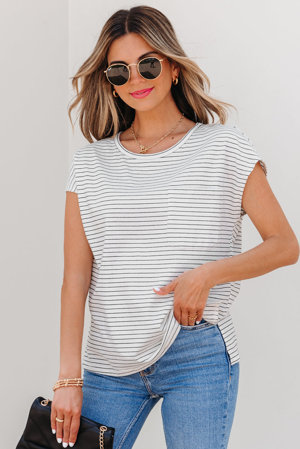 Threaded Pear Tilly Stripe Cap Sleeve Crew Neck top