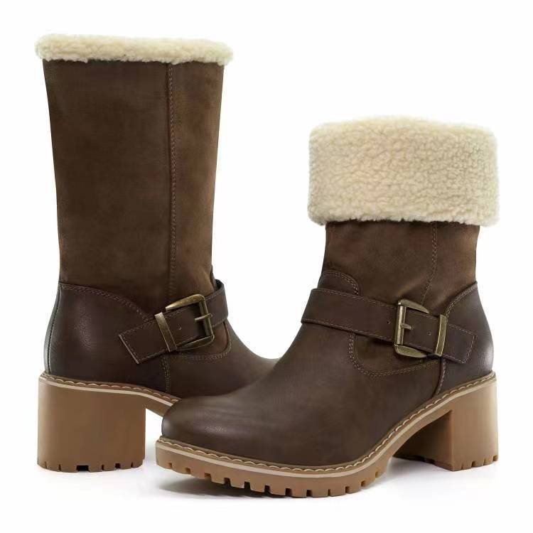 Women’s Fashion Buckle Western Boots | High-Sense Chunky Heel Winter Shoes | Trendy Minimalist Round Toe Warm Boots | Luxury-Label Statuesque Outdoor Wear | 2026 High-Fashion Radiant Cold-Weather Essential