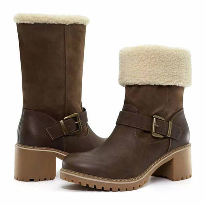Women’s Fashion Buckle Western Boots | High-Sense Chunky Heel Winter Shoes | Trendy Minimalist Round Toe Warm Boots | Luxury-Label Statuesque Outdoor Wear | 2026 High-Fashion Radiant Cold-Weather Essential