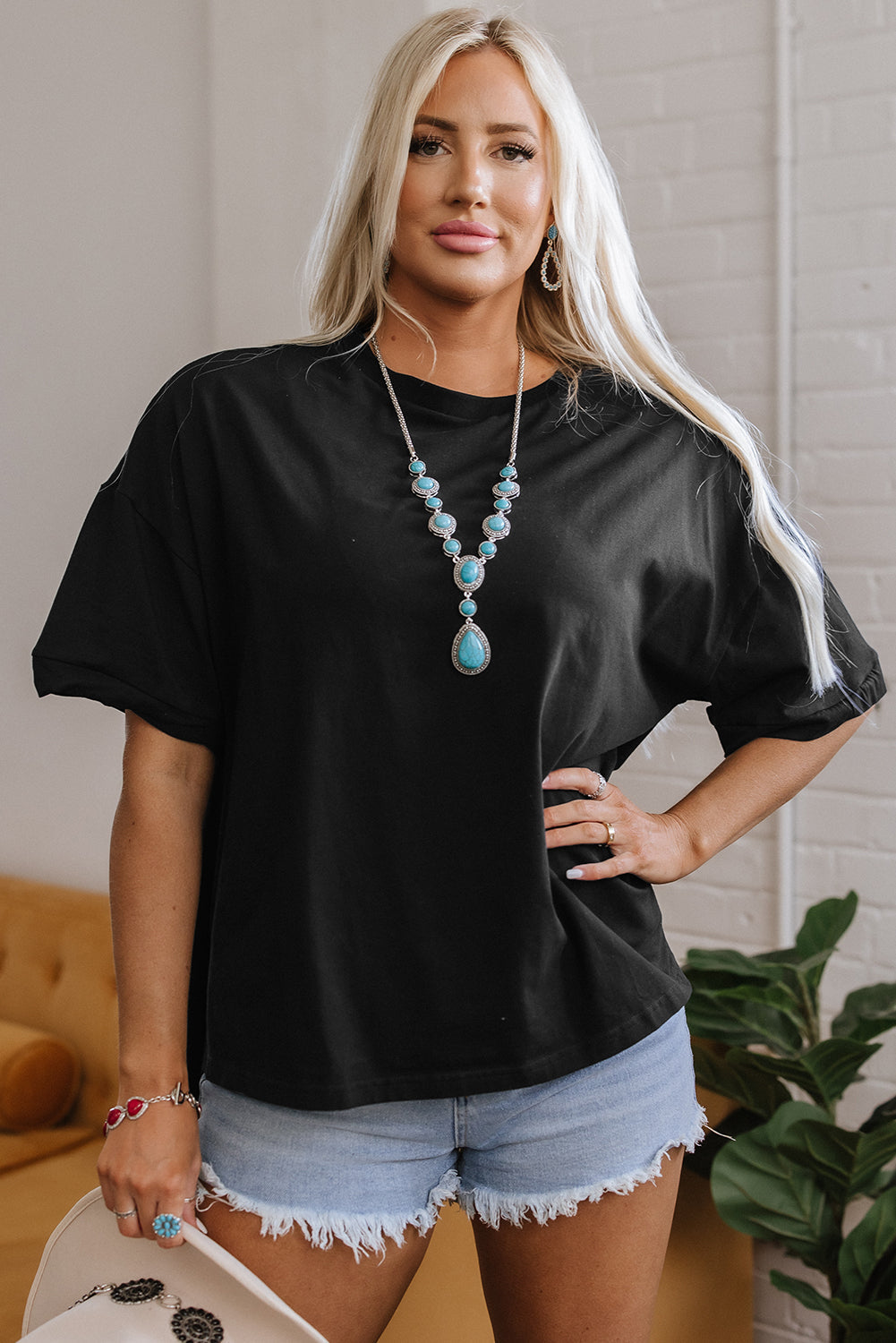 Threaded Pear Ayra Loose Half Sleeve Hi Low Hem Top
