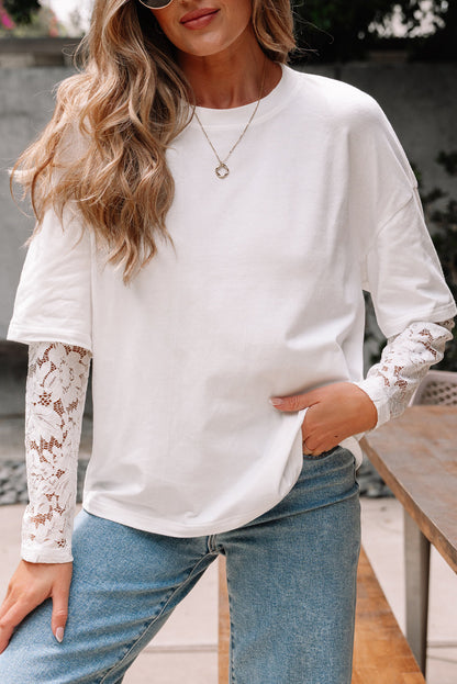 Threaded Pear Hallie Lace Long Sleeve Insert Drop Shoulder Top