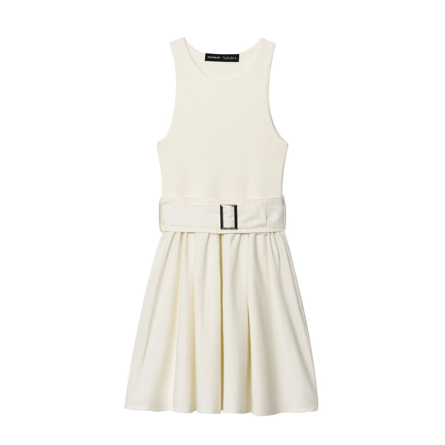 Sleeveless dress with waist belt and diagonal splicing