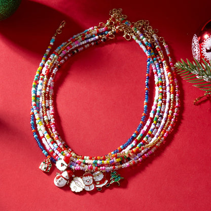 Christmas Cartoon Santa Bell Snowman Snowflake Pendant Colorful Seed Bead Necklace for Women