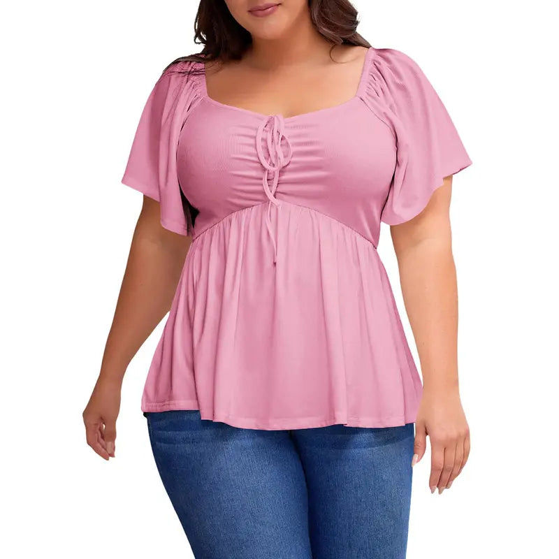 Women's Heart-Shaped Neck Short-Sleeved Ruffle Top