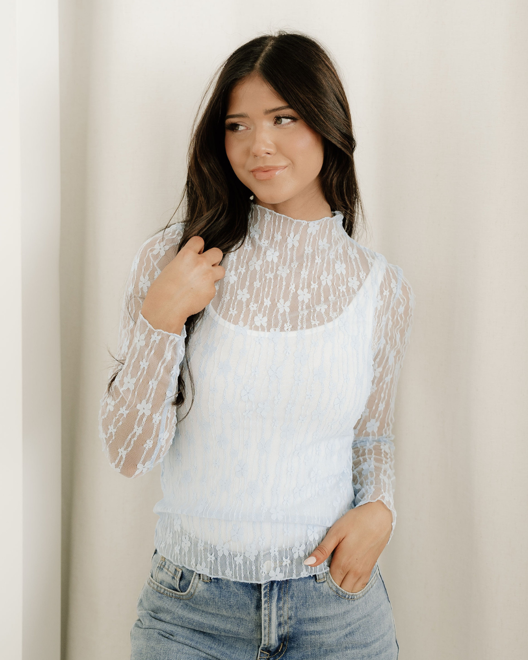 Claire Floral Lace Long Sleeve Slim Fit Top - Blue