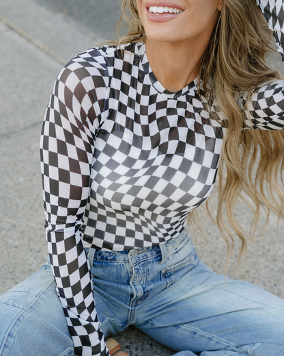 Checkered Mesh Long Sleeve Top - Black