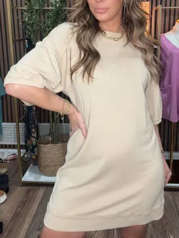 Washed Cotton Crew Neck Casual Mini Dress
